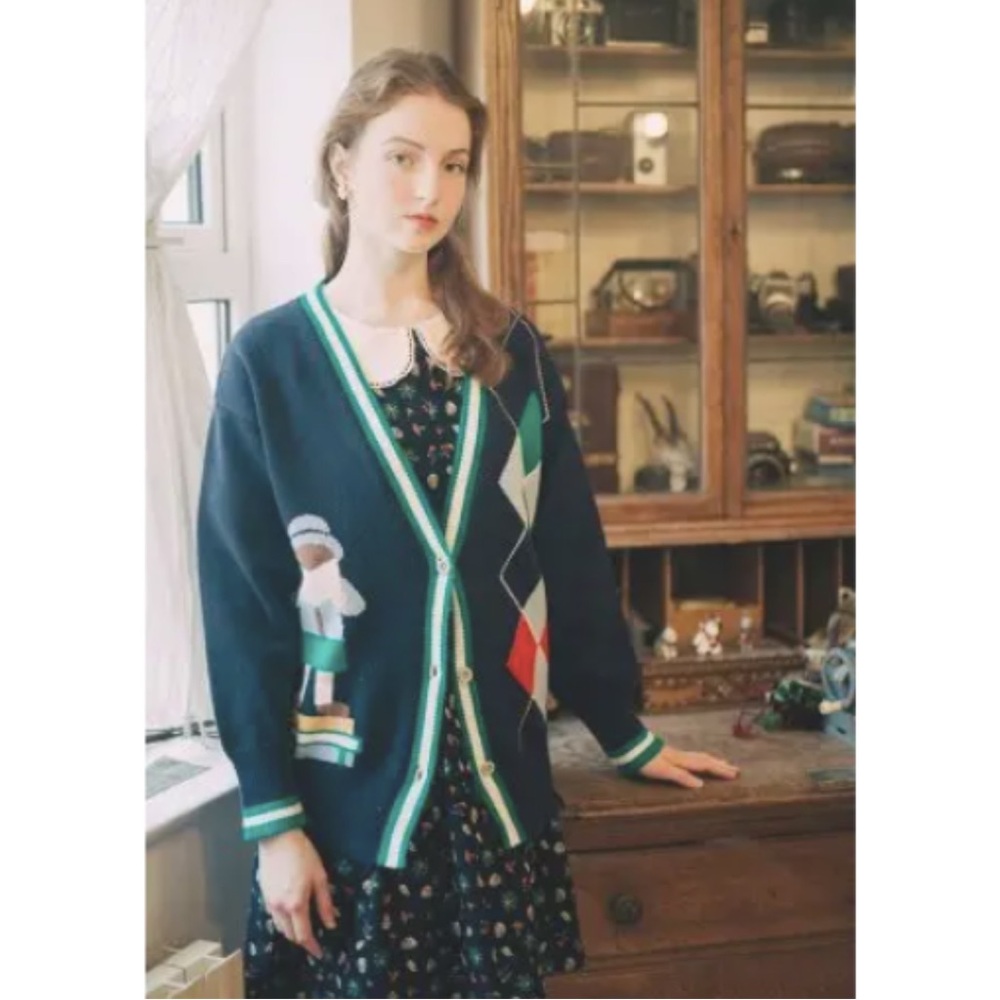 Miss Patina Russell Campus Academia Argyle Preppy Classic Cardigan Sweater - Picture 7 of 17